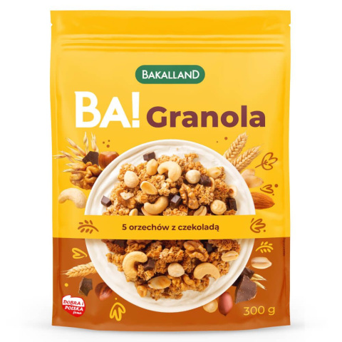 BAKALLAND BA! GRANOLA 5 ORZECHÓW Z CZEKOLADĄ - 300G BAKALLAND BA! GRANOLA 5 ORZECHÓW Z CZEKOLADĄ - 300G