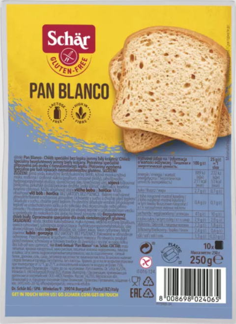 SCHAR Chleb jasny bezglutenowy PAN BLANCO 250g SCHAR Chleb jasny bezglutenowy PAN BLANCO 250g