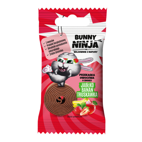 Przekąska owocowa o smaku jabłko-banan-truskawka 15g BUNNY NINJA ROLLS Przekąska owocowa o smaku jabłko-banan-truskawka 15g BUNNY NINJA ROLLS