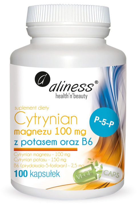 ALINESS Cytrynian Magnezu 100 mg z potasem, B6 P-5-P 100 kapsułek VEGE ALINESS Cytrynian Magnezu 100 mg z potasem, B6 P-5-P 100 kapsułek VEGE