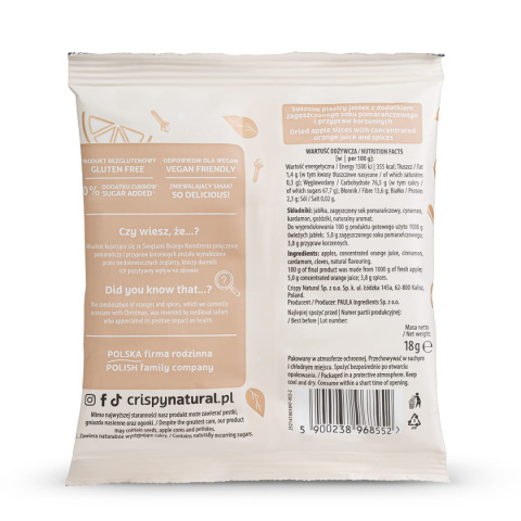 CRISPY NATURAL JABŁKO Suszone chipsy z jabłek pomarańczowo-korzenne 18g CRISPY NATURAL JABŁKO Suszone chipsy z jabłek pomarańczowo-korzenne 18g