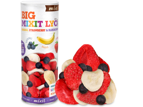MIXIT chrupiące owoce liofilizowane banan truskawka jagoda 150g MIXIT chrupiące owoce liofilizowane banan truskawka jagoda 150g