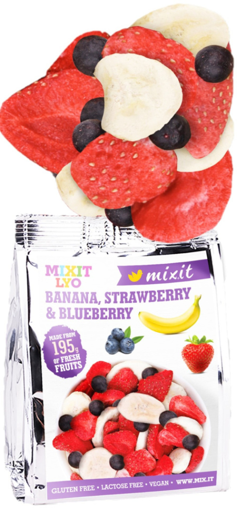 MIXIT chrupiące owoce liofilizowane banan truskawka jagoda 23g MIXIT chrupiące owoce liofilizowane banan truskawka jagoda 23g