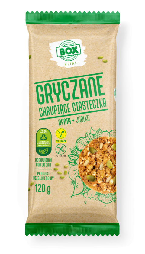 CIASTECZKA GRYCZANE PESTKAMI DYNI I JABŁKIEM GLUTENU 120g - ZPC BOX CIASTECZKA GRYCZANE PESTKAMI DYNI I JABŁKIEM GLUTENU 120g - ZPC BOX