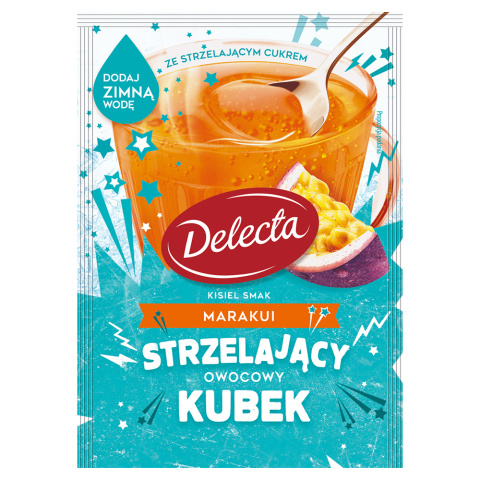 Delecta Owocowy Kubek Kisiel na zimno z cukrem strzelającym smak marakui 34g Delecta Owocowy Kubek Kisiel na zimno z cukrem strzelającym smak marakui 34g