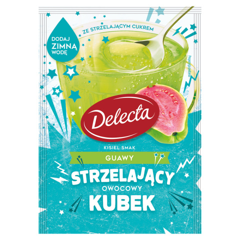 Delecta Owocowy Kubek Kisiel na zimno z cukrem strzelającym smak guawy 34g Delecta Owocowy Kubek Kisiel na zimno z cukrem strzelającym smak guawy 34g