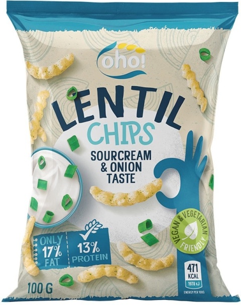 Oho Chipsy z czerwonej soczewicy o smaku śmietany i cebuli 100g Oho Chipsy z czerwonej soczewicy o smaku śmietany i cebuli 100g