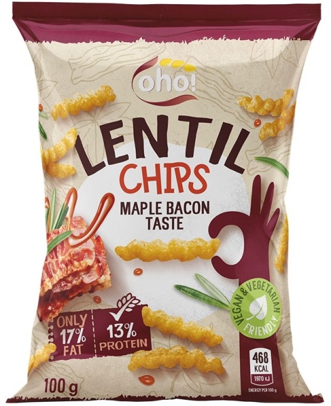Oho Chipsy z czerwonej soczewicy o smaku bekonu 100g Oho Chipsy z czerwonej soczewicy o smaku bekonu 100g
